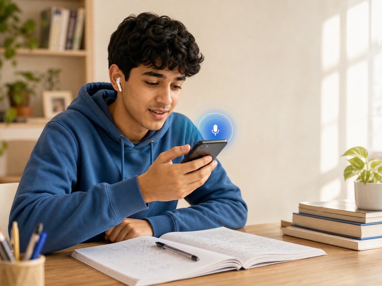 A student preparing with a phone and an open notebook